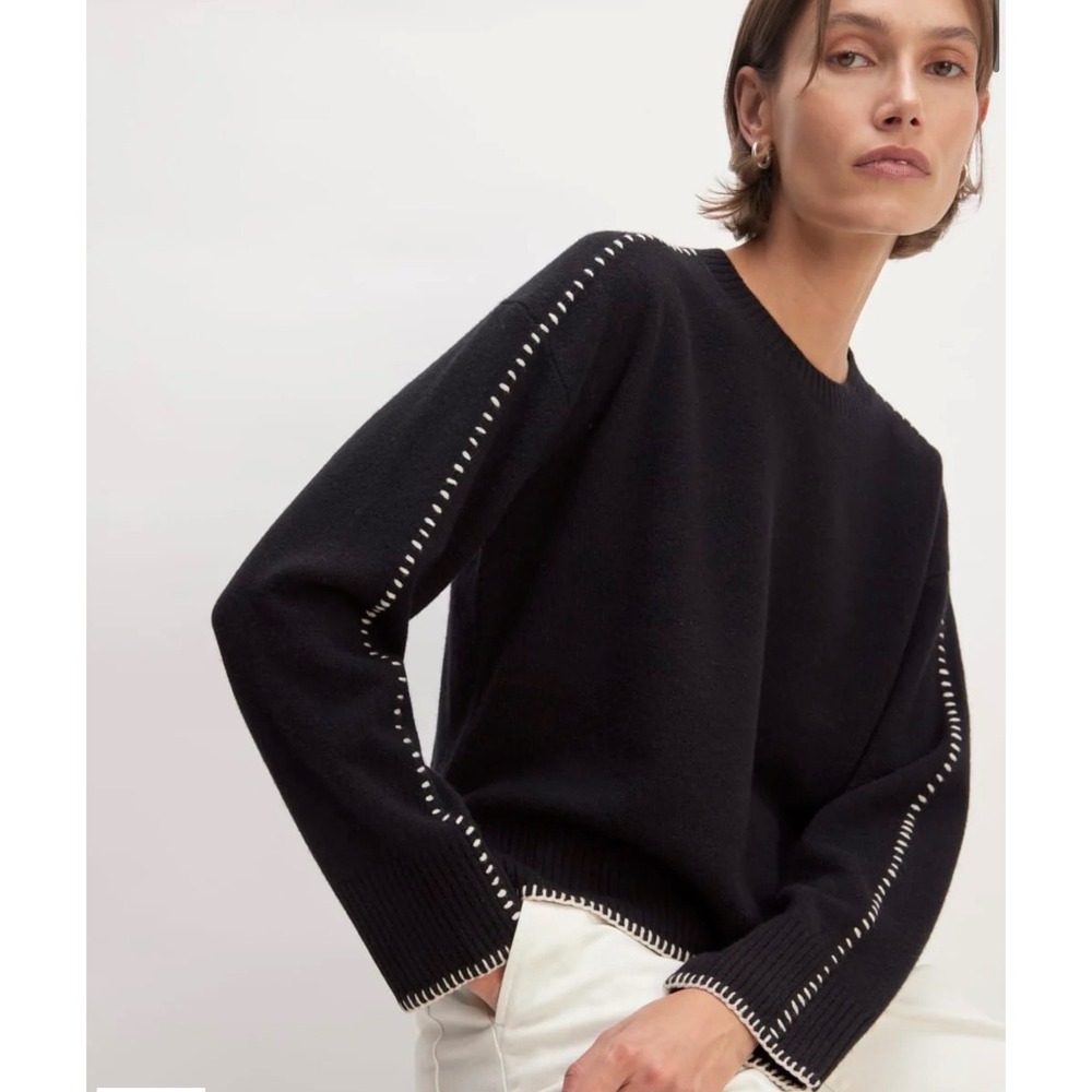 Everlane Black Wool Whipstitch Crewneck Sweater Small Relaxed Boxy